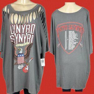 Lynyrd Skynyrd +6 Logo Gray Slashed Neck American Eagle Graphic 3/4 Sleeve Tee